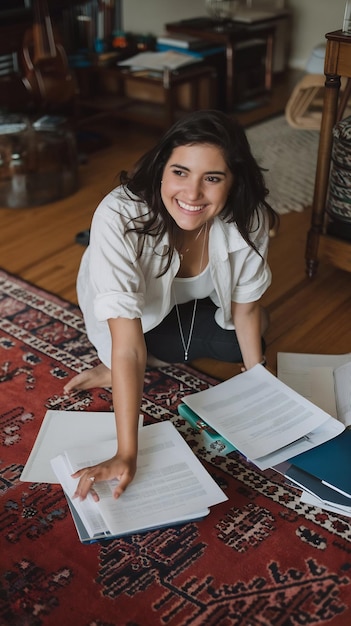 Portrt of smiling young woman studying on hardwood floor at home