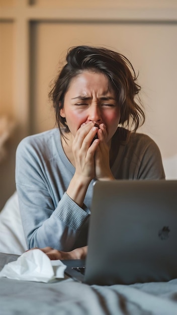 Portrt of woman catching a flu sneezing feeling sick sitting on bed with laptop and working on