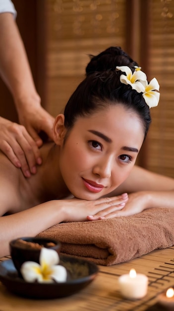 Photo portrt of young beautiful asian woman enjoys massage in a luxury spa resort