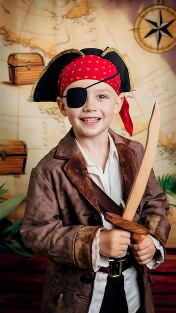 Photo portrt of young boy with pirate costume