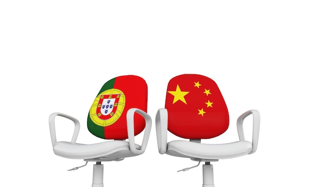 Portugal and China business chairs International relationship concept 3D Rendering