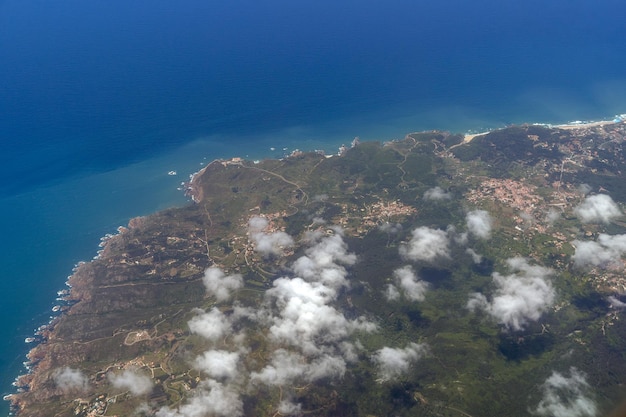 Portugal coast ocean near lisbon aerial view from airplane