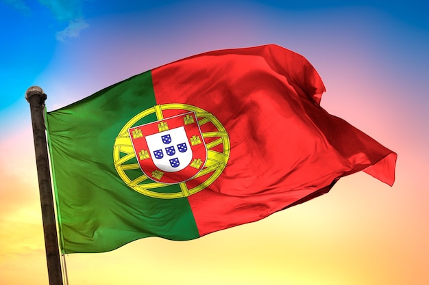 portugal country flag, 3d flag, and color background.