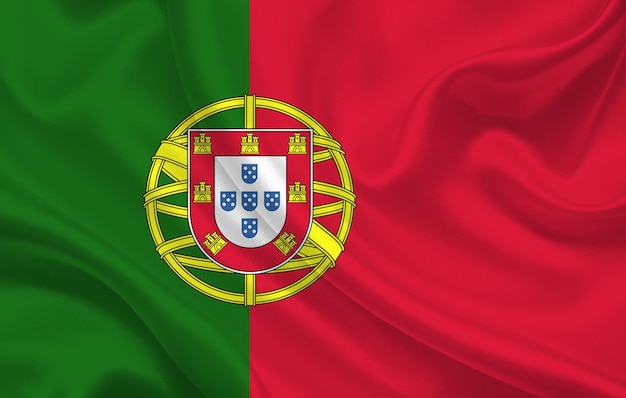 Portugal country flag on wavy silk fabric background panorama - illustration