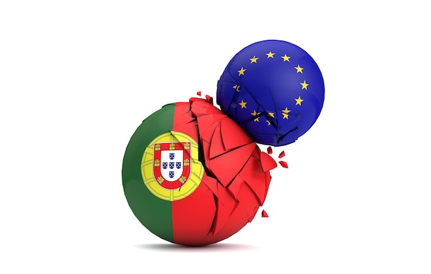 Portugal and European Union political balls smash together 3D Render