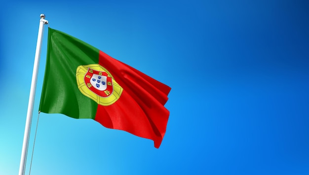 Portugal Flag Flying on Blue Sky Background 3D Render