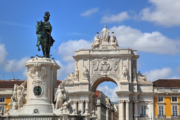 Portugal monuments of Commerce Plaza Praca do Comercio in Lisbon facing Tagus River