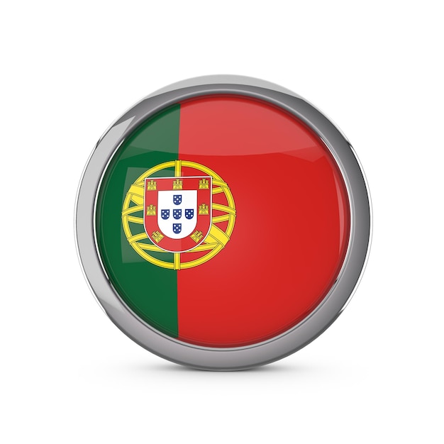 Portugal national flag in a glossy circle shape with chrome frame 3D Rendering