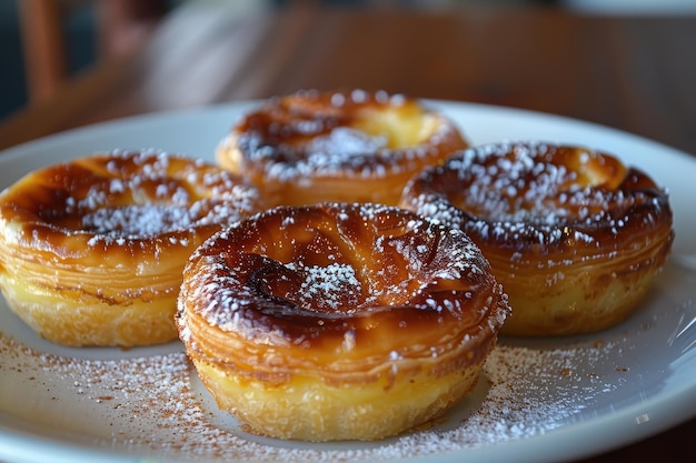 Portugal Pastel de Nata round custard tarts with a caramelized top served with sprinkle of cinnamon