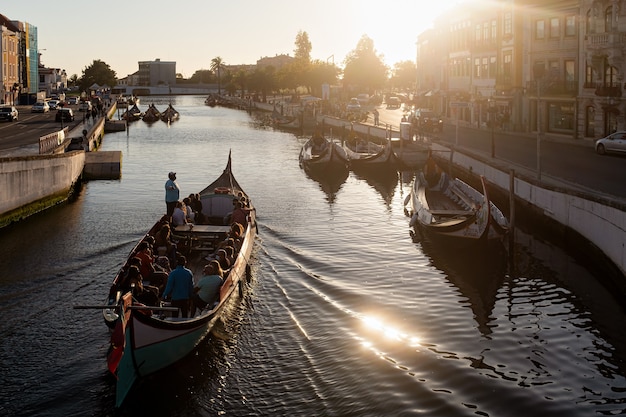 portuguese boat moliceiros in water channels in aveiro portugal