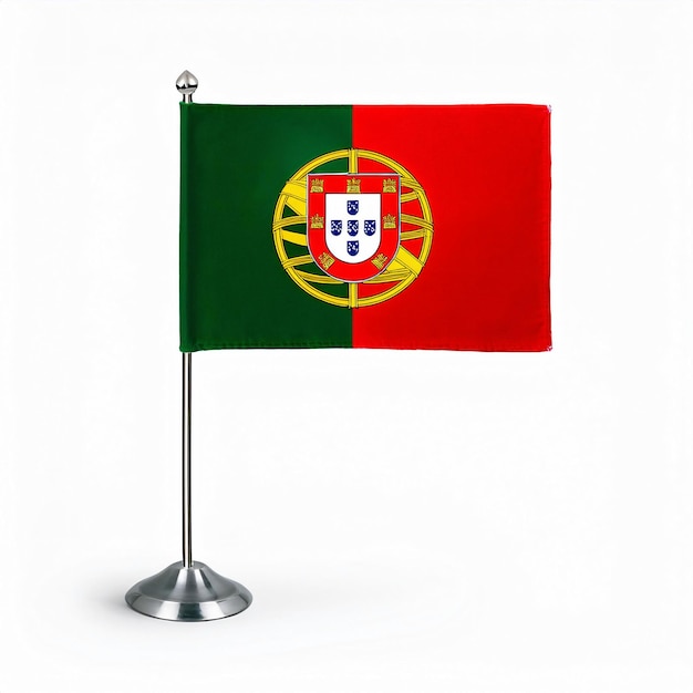 Photo portuguese flag displayed on stand with white background