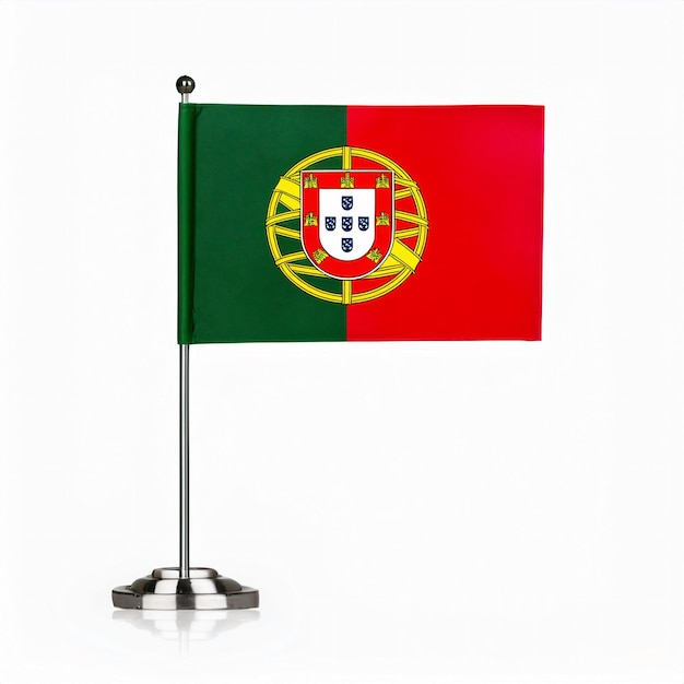 Photo portuguese flag displayed on stand with white background