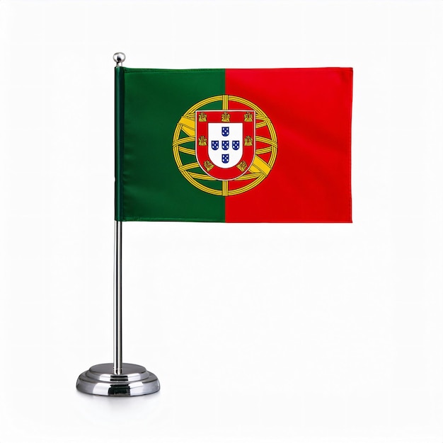 Photo portuguese flag displayed on stand with white background