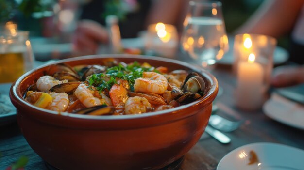 Photo portuguese seafood stew in a traditional clay pot on a candlelit table capturing a cozy european dining experience