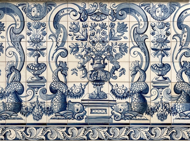 Portuguese Wall tiled mural at one of the Macaus civil city hall building Heritage tiles preserved