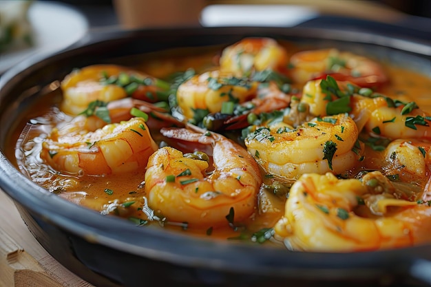 Photo portuguesestyle garlic and white wine sauce with prawns and fish in a cataplana stew