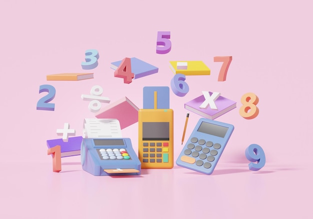 Pos terminal and Calculator number book floating basic math operation symbols math plus minus multiplication Learning finance education concept cartoon style 3D render illustration