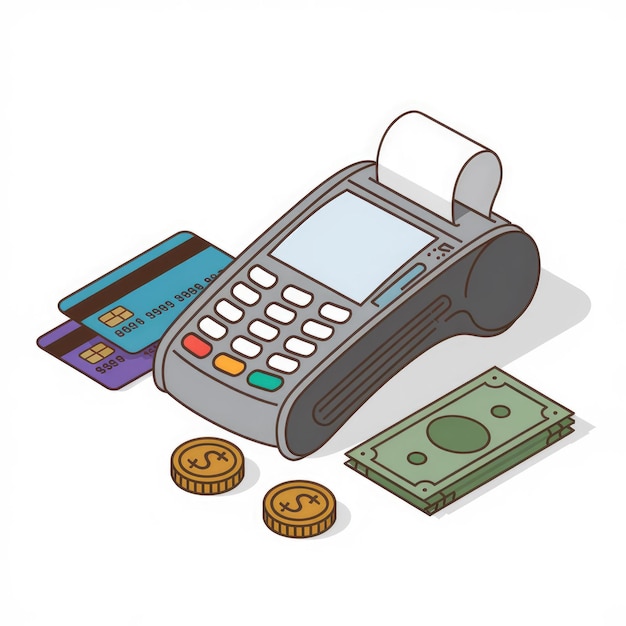 A POS terminal with credit cards cash and coins for payment