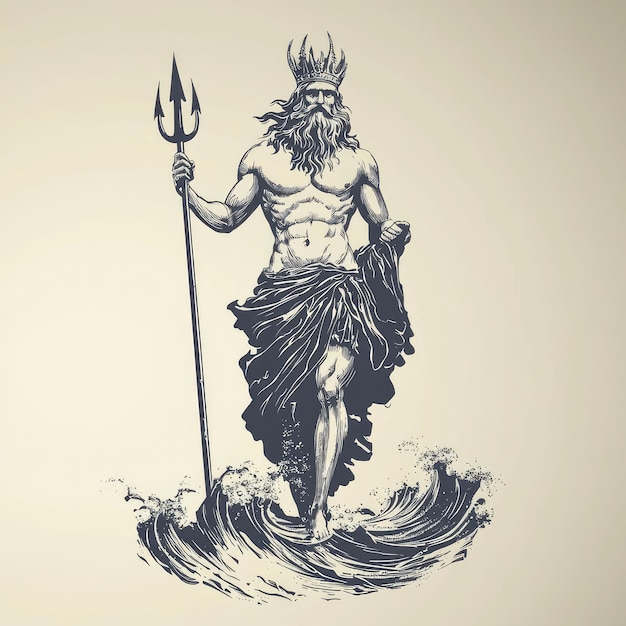 Photo poseidon the greek god of the sea wielding his trident and standing amidst crashing waves