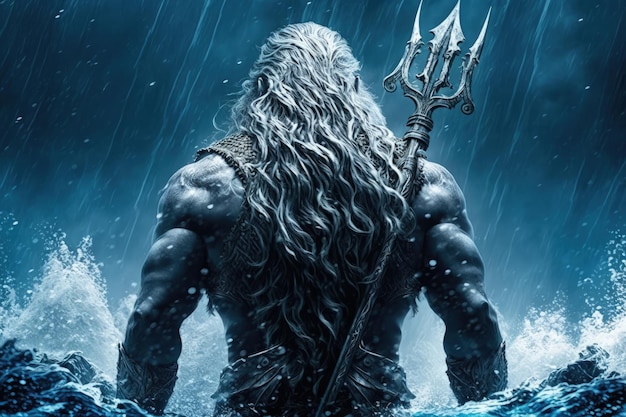 Poseidon with his trident in the sea Poseidon in the water with his scepter AI