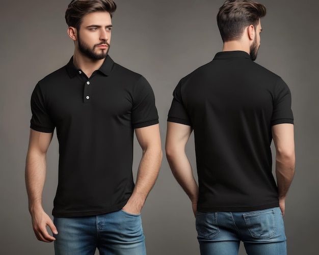 Photo poses of a male model wearing a blank black polo tshirt isolated on white background