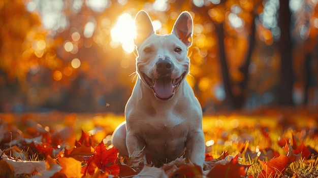 A posing white Bull Terrier at a park capturing a natural portrait