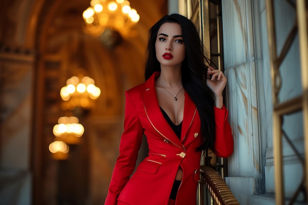 Posing Woman in Chic Red Black Suit