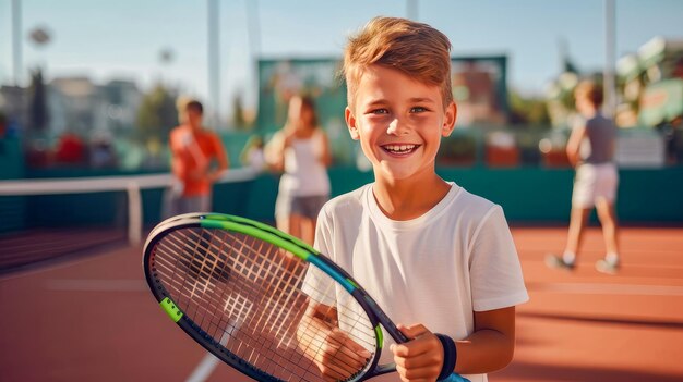 Photo positive active school aged boy with racket looking at camera while playing tennis on court