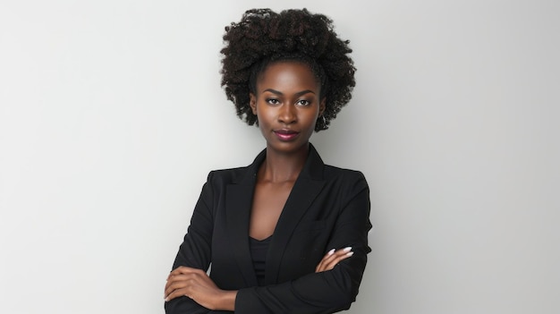 Positive black business lady confidently posing with hands crossed over a pristine white background