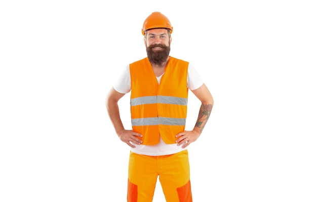 Positive builder isolated on white background builder man in uniform bearded builder