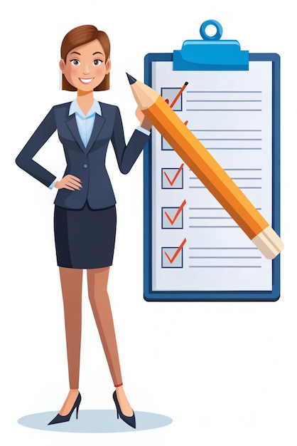 Positive business woman with a giant pencil on his shoulder nearby marked checklist on a clipboard paper