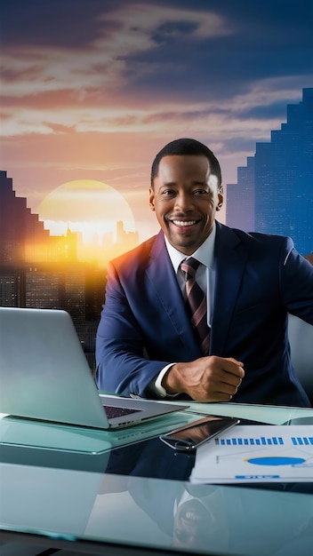 Positive businessman using laptop