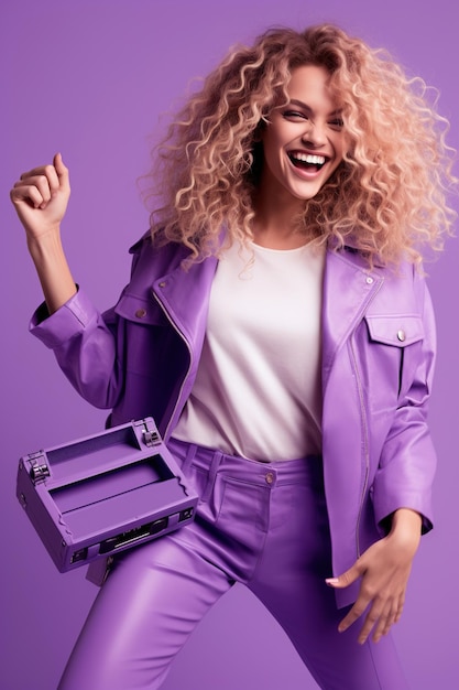 Positive cheerful lady hold boom box dancing discotheque isolated on purple color background