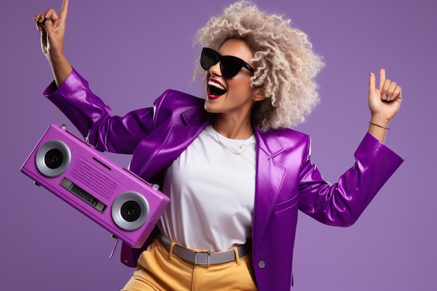 Positive cheerful lady hold boom box dancing discotheque isolated on purple color background