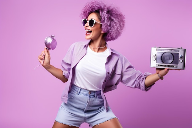 Positive cheerful lady hold boom box dancing discotheque isolated on purple color background