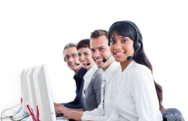 Positive customer service representatives with headset on 