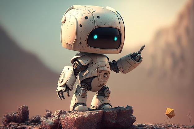 Positive cute robot pointing at a space Unknown planet explore soil electronic science technology travel explore high definition 8k tech gesture hand Science fiction concept AI