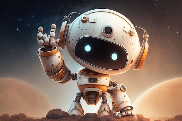 Positive cute robot welcomes explore unknown planet electronic soil technology science explore travel 8k high definition gesture tech hand Science fiction concept AI