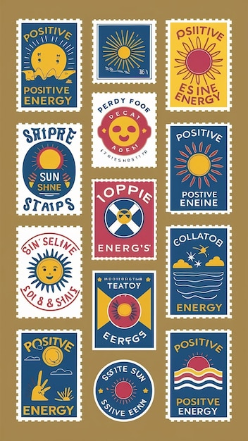 Photo positive energy and sun shine retro postage stamps vector design cool trendy patches collection