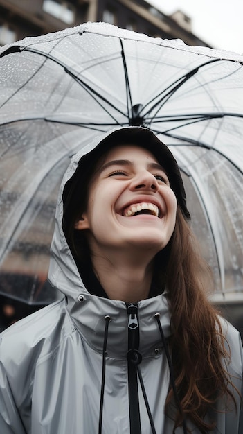 positive girl smiling wearing raincoat jacket