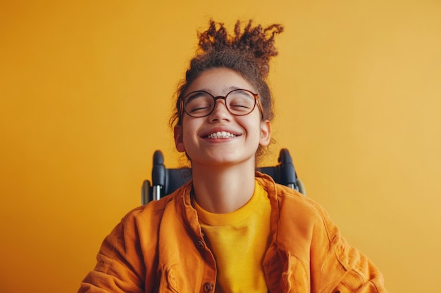 Photo positive girl with disability in wheelchair