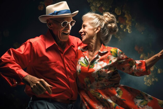 Positive happy elderly couple dancing and laughing