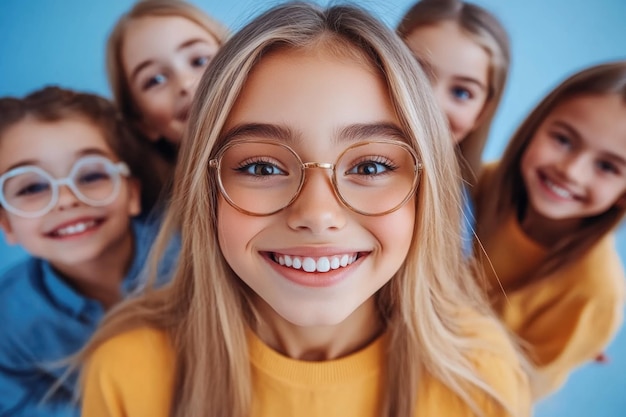 Positive and Happy Female Teacher Surrounded by Smiling Students in Bright Classroom Setting