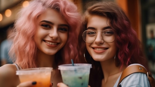 Positive hilarious models drinking fresh cocktail smoothie drinks in plastic cups Generative AI