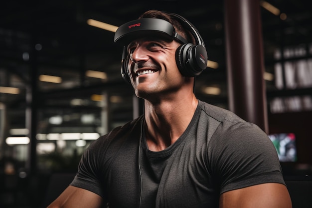 Positive man using virtual reality headsets for immersive fitness and health experience