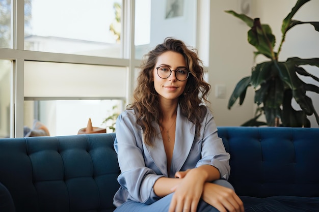 Positive middle age woman female person with glasses on sofa and relax in house alone