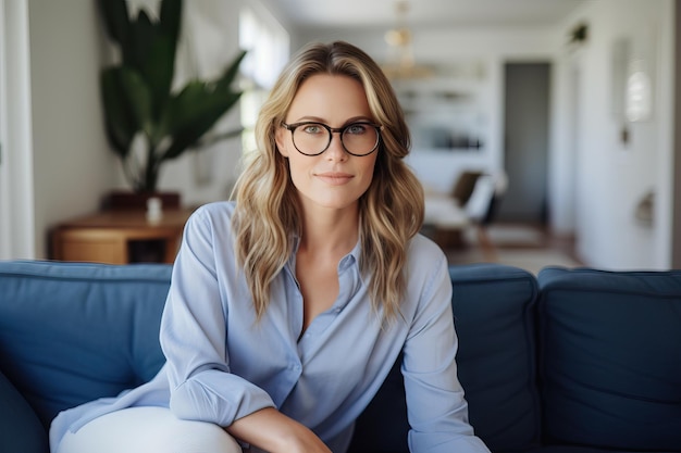 Positive middle age woman female person with glasses on sofa and relax in house alone