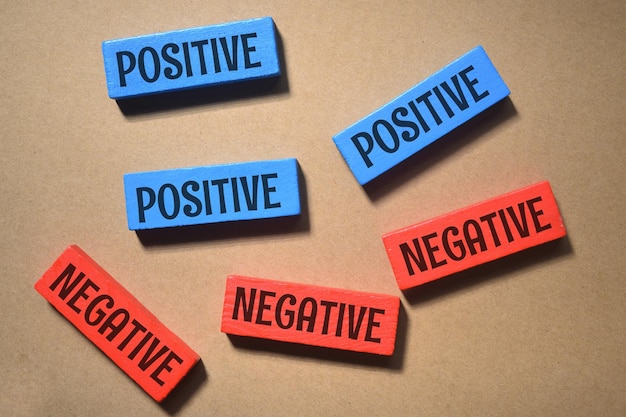 Positive and negative wording on a wooden cube