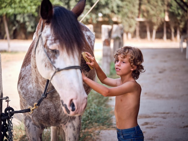 Positive shirtless child with blond curly hair combing horse friend with brush while standing at ranch paddock