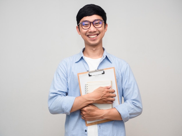 Positive teacher man holding document and diary happy smile isolated